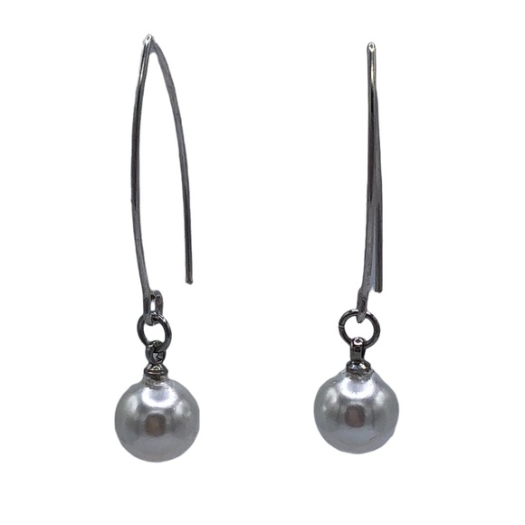 Pearl Drop Earrings Hook Minimalist White Silver Tine Statement Coastal Grandma - Picture 2 of 3